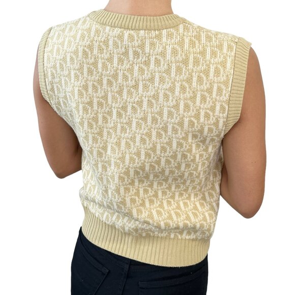 Christian Dior Vintage Logo Trotter Monogram Knit Vest #M Beige Wool [103477] - Picture 4 of 10